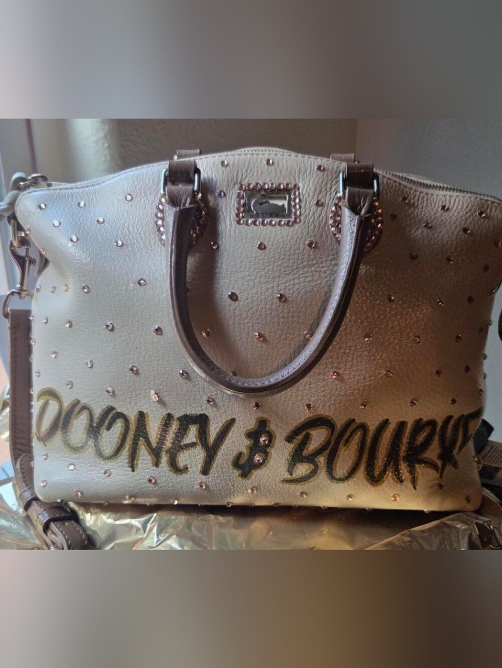 Cream Color Studded Satchel Handbag with Pink Rhinestones